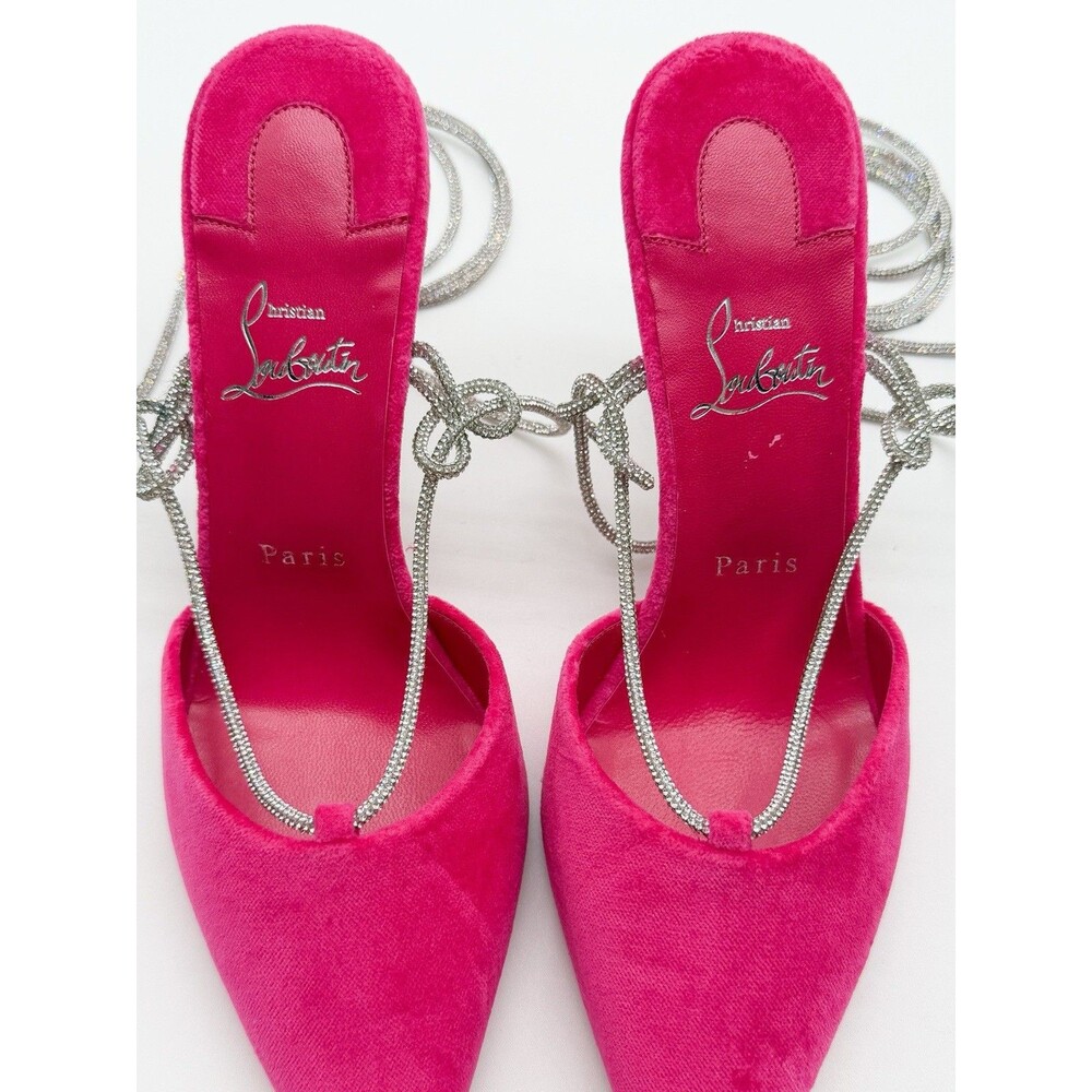CHRISTIAN LOUBOUTIN Astrid Lace Strass 85 Pink Velvet Pumps Ankle Tie EU 39 US 9 - Picture 11 of 13